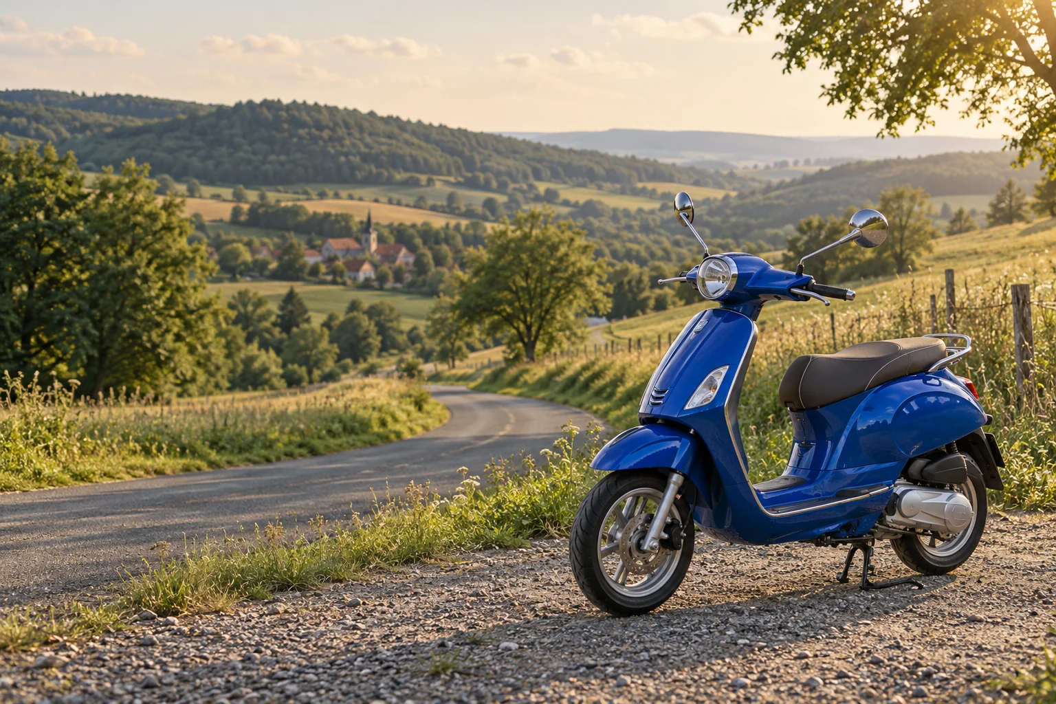 Blauer Roller an einer ruhigen Landstraße vor grünen Hügeln. KI-generiertes Entwurfsmotiv.